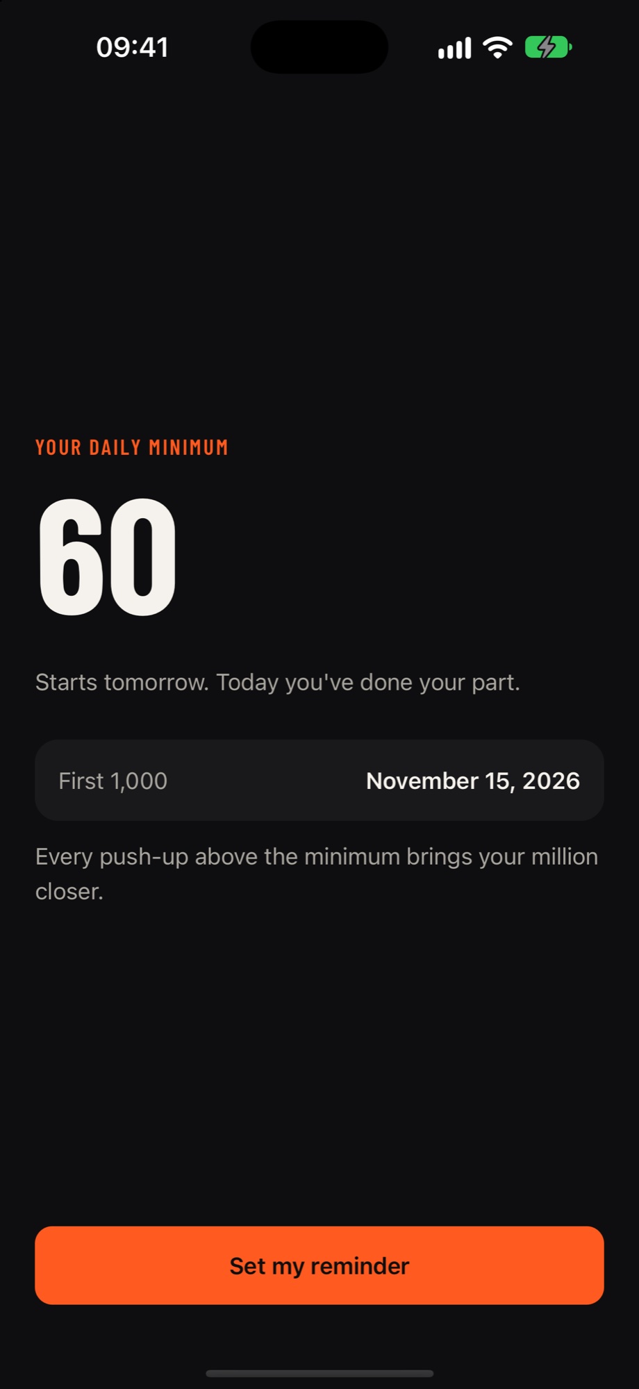 The plan screen showing a daily minimum and the date of your first 1,000