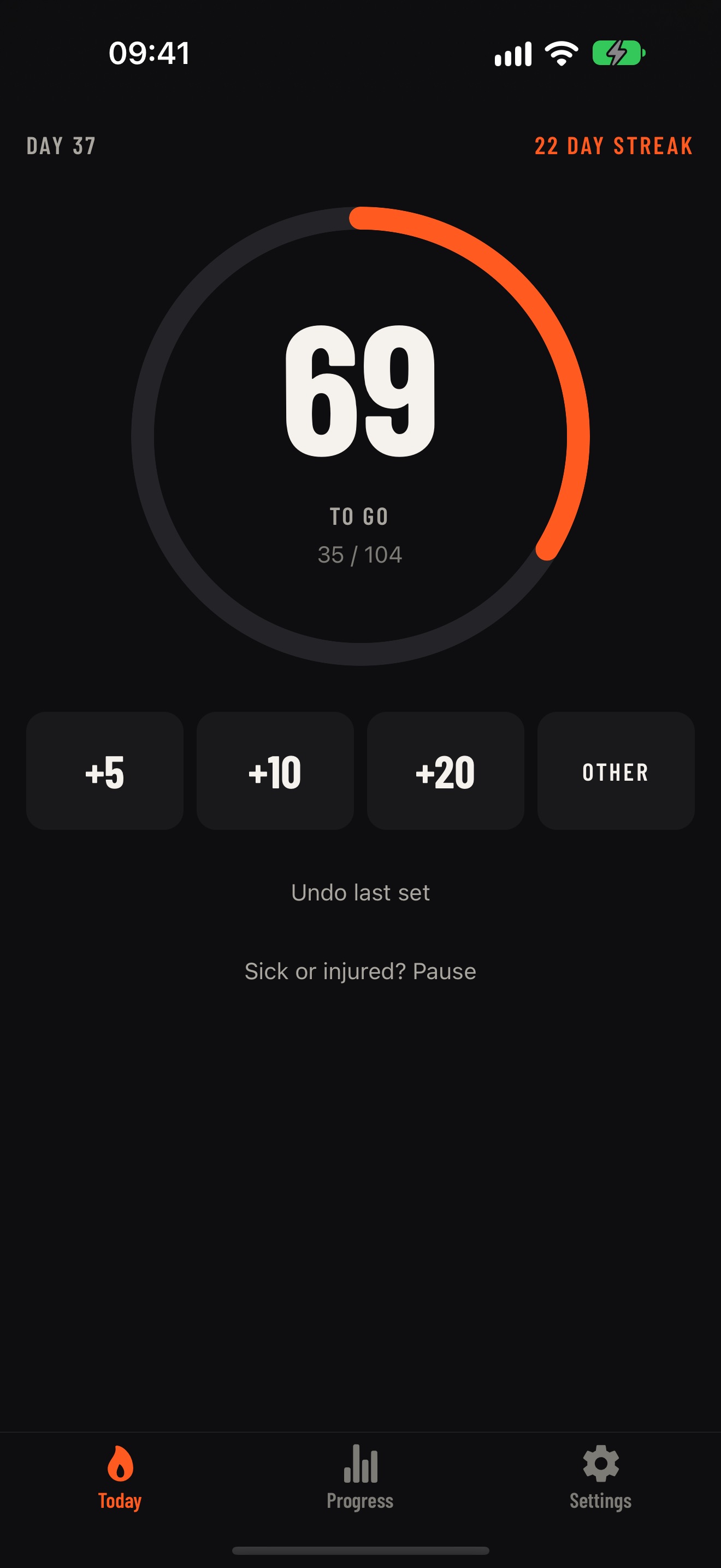 The Today screen of the app, with the reps left and buttons to log a set